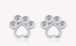 Sterling Silver 925 Cute Pet Dog Cat Heart Paw Print Stud Earrings With Clear CZ - £13.77 GBP