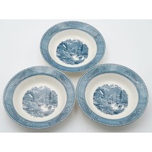 Vintage 1960s Royal Currier and Ives Blue 8.25&quot; Rim Soup Bowls Set of 3 - £27.06 GBP