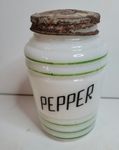 Pepper Shaker Barrel Shaped Milk Glass White with Green Stripes VTG image 2
