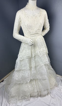 Vtg 60s ILGWU Union Made Wedding Dress Ivory Lace High Neck Tiered Train... - $98.01