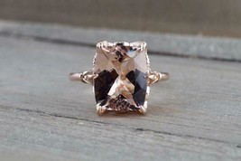  3Ct Emerald Cut Peach Morganite Solitaire Engagement Ring 14K Rose Gold Finish - $79.99