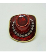 Red Sparkly Rhinestones Cowboy Hat Brooch Pin Western Cowgirl Theme Cute - $8.99