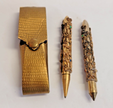 Vintage Jeweled Pen Pencil Ornate Gold Tone Desk Set 3&quot; Miniature Size w/ Case - £19.41 GBP
