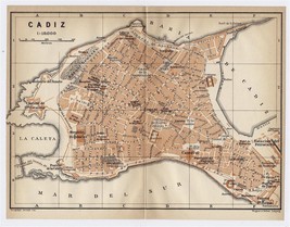 1913 ORIGINAL ANTIQUE CITY MAP OF CADIZ / ANDALUSIA / SPAIN - $21.44