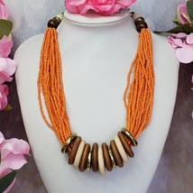 ERICA LYONS Orange Beaded Multi Strand Necklace Wood Beaded Boho Choker - £13.39 GBP
