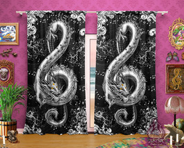 Black and White Music Dragon Curtains, Treble Clef, Fantasy Home Decor, Window D - £129.70 GBP