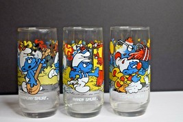 Vintage 1983 Smurfs Set of 3 Collector Glass Cups Handy, Clumsy, &amp; Harmony - $14.84