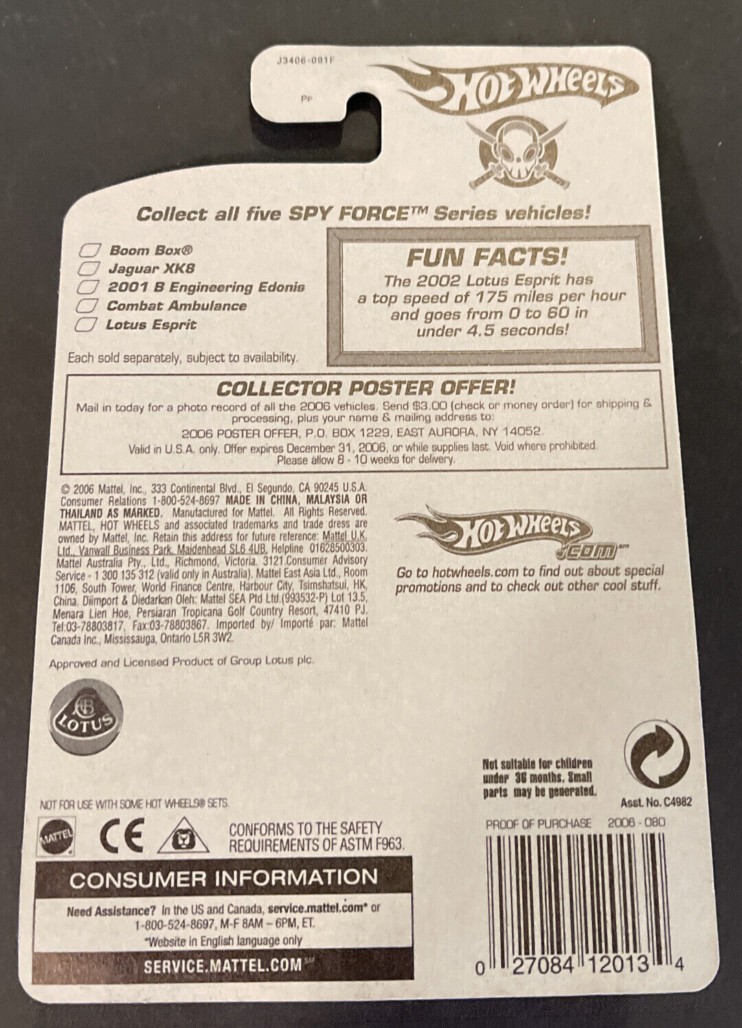 2006 Hotwheels FTE Lotus Esprit Spy Force # 5 of 5 Card # 080 Item image 6