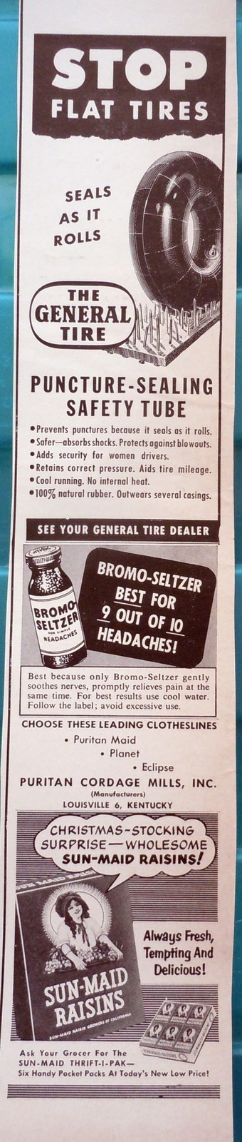General Tire Bromo Sun Maid Raisins Small Magazine Print Art Advertiseme... - $3.99
