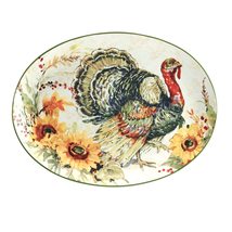 Oval Turkey Platter 16.25&quot; X 12&quot; Green Multi Color White Rooster Casual ... - $62.36