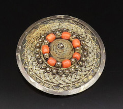 ISRAEL 925 Silver - Vintage Antique Braided &amp; Beaded Coral Brooch Pin - ... - £68.84 GBP