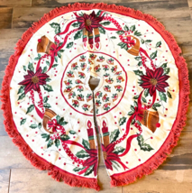 Vintage Handmade Christmas Fabric Tree Skirt 44&quot; Fringed Edge Candle Poinsettias - £33.86 GBP