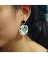 Natural White Shell Carved Drop Earrings, Black Gold Tone, S925 Silver Post - $29.99