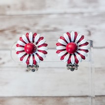 Vintage Clip On Earrings Red &amp; White Flower 7/8&quot; - $14.99