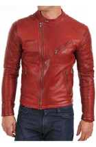 Men&#39;s Asymmetrical Zipper Slim Fit Moto Red Biker Real Leather Jacket - £87.43 GBP