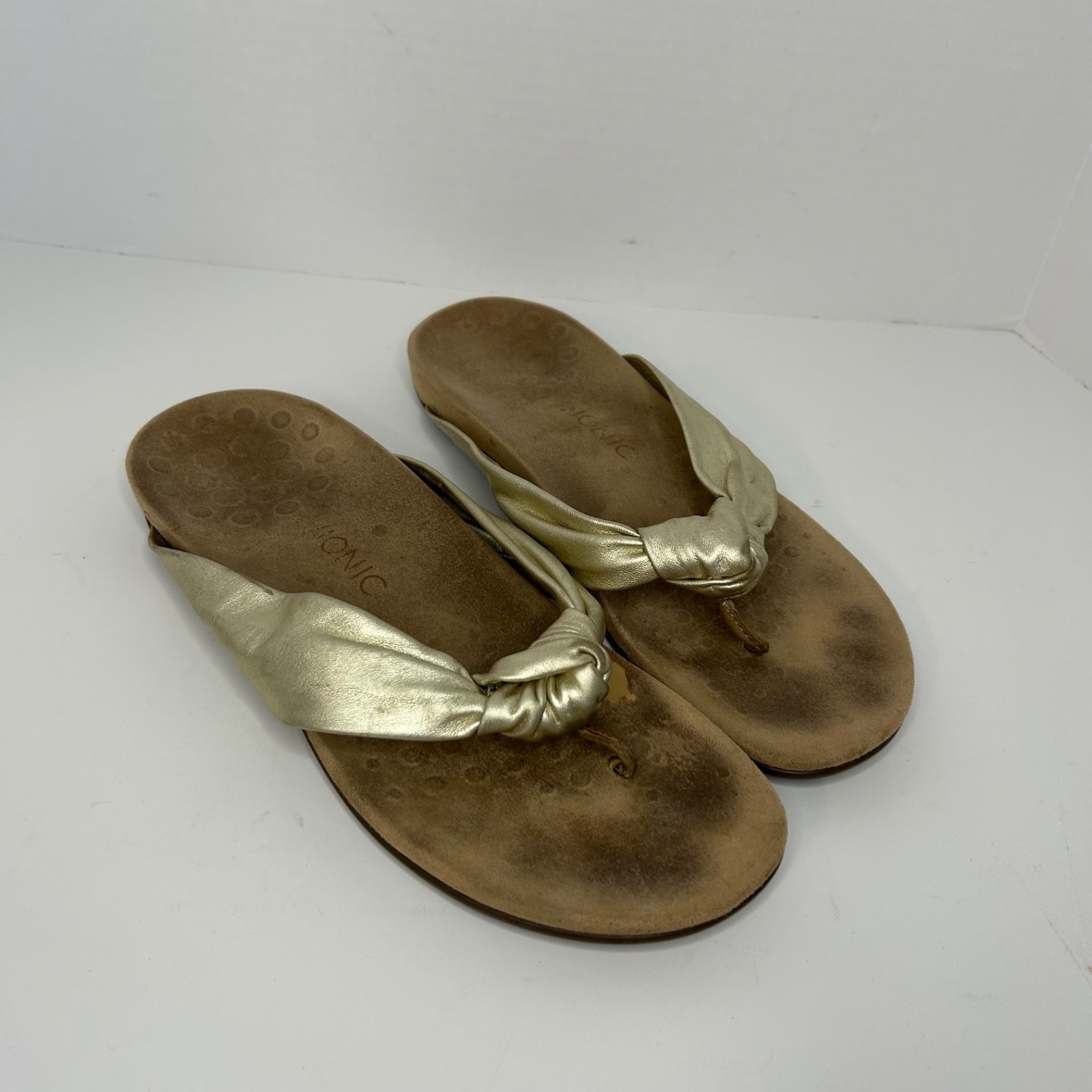 Vionic Pippa Gold Leather Knot Slide Thong Sandal Women Size 11 Flip Flop - $23.63