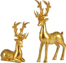 Gold Decor Set of 2 Resin Lucky Deer Sculptures for Modern Home Decor - £23.17 GBP