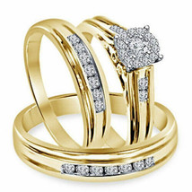 Men Women&#39;S Matching 10K Yellow Gold Plated Simulated Diamond Engagement Ring - £98.07 GBP