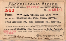 1920 Wife Of Blacksmith Pa System Railroad pass!  Eastern Pa, Western Pa... - $18.75