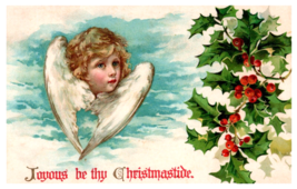 Postcard Joyous Be Thy Christmastide Cherub Wings Clouds Holly Leaves Berries - £6.23 GBP
