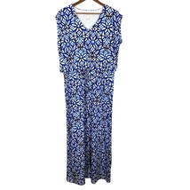 Chico&#39;s 3 Maxi Dress XL Blue White Sleeveless Geo Print Jersey Knit Slit V-Neck - £39.16 GBP