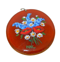 Vintage round wooden hand painted flower medallion pendant - $12.00