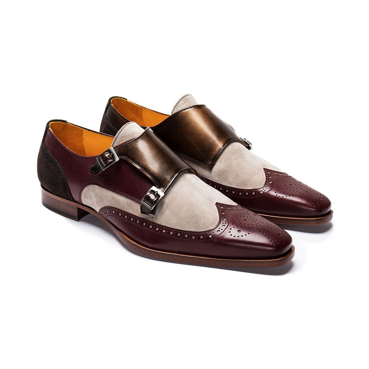 Handmade Men Two tone Monk formal Shoes Men wing tip Brown and beige dress shoes