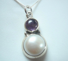 Amethyst and Cultured Pearl 925 Sterling Silver Pendant a208c - £9.40 GBP