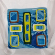 Abstract Fused Art Glass Plate Large Square 10&quot;x10&quot; Decorative Plate Blown - £19.45 GBP