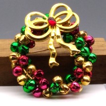 Vintage Christmas Bells Wreath Brooch with Golden Bow, Red Green and Gol... - $34.83