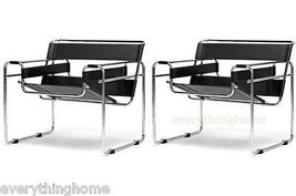 2 Black Faux Leather Strap and Chrome Bent Steel Tube Accent Lounge Chair - £626.94 GBP