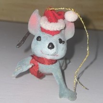 Vintage Gray Flocked Christmas Mouse Ornament 3&quot; Santa Hat &amp; Scarf Tree Ornament - $9.80