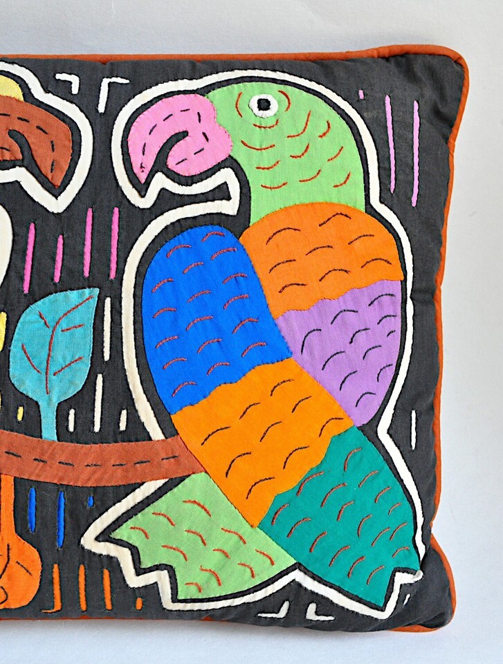 Mola Throw Pillow 16 x 11 Parrots Birds Sham Accent Embroidered Guna Kuna VTG Item image 3