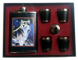 Standing Wolf Flask Gift Set Four Shot Glasses Funnel Drinking Hip GI636 Liquor - £9.82 GBP
