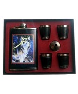 STANDING WOLF FLASK GIFT SET four shot glasses funnel DRINKING HIP GI636... - $230.34 MXN