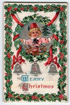 Christmas Postcard Child In Fez Hat Embossed Silver Bells Poinsettia Lions Head - £10.42 GBP