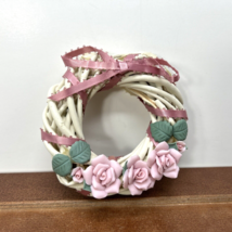 Vintage Christmas Wreath White Wood Pink Clay Flowers Pink Bow Ornament Decor - $12.95