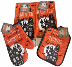 Halloween Pot Holder Dish Towels Oven Mitt Set of 4 Haunted House Black Orange - £18.84 GBP