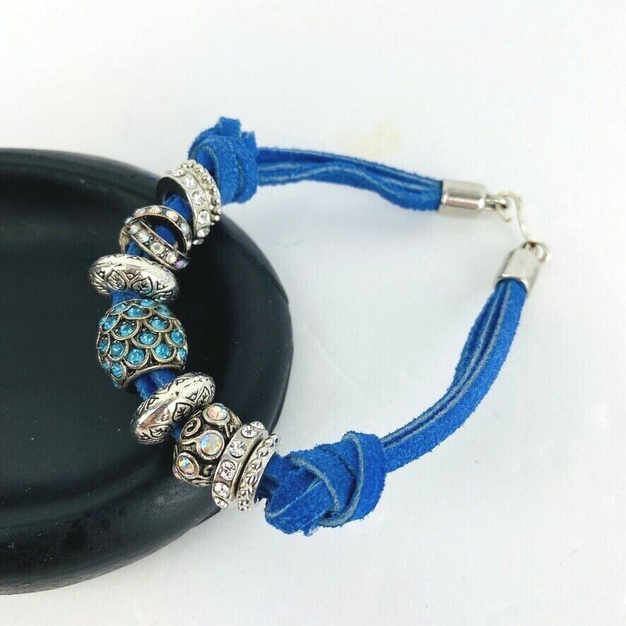 Blue Leather Bracelet Rhinestone Crystal Silver Tone Boho Adjustable Bling Item image 3