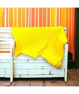 Vintage Handmade Yellow Afghan 62in x 46in w/Fringe Retro Decor Throw Bl... - $339.52 MXN
