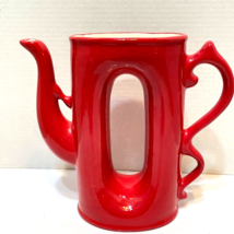 Rare Vintage Unique Tall Double Vase Pitcher with Handle Red Glazed 9x10x3.5&quot; - £75.48 GBP