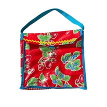 Vintage Strawberry Print Oilcloth With Ric Rack Tote Bag  Metal Button C... - £23.73 GBP
