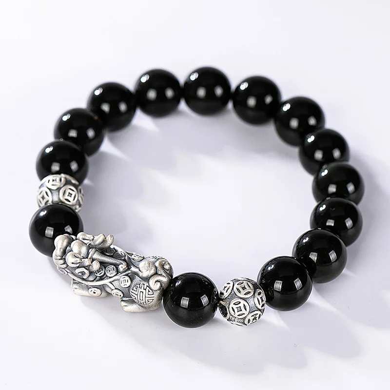 Black Obsidian Stone Bracelets Hand Accessories For Men With Real Sterling Silve - £41.32 GBP