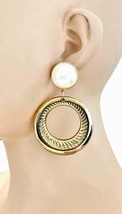 3" Long Big Statement Casual Everyday Golden Hoop Earrings Faux Pearl Classic - $15.20