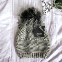 Women Hat Beanie Gray Warm Winter Knit Beanie Fur Pom Bobble Hat Crochet... - £18.38 GBP