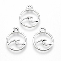 Ocean Wave Charms Antiqued Silver Circle Surfing Pendants Sea Life 15mm 6pcs - £2.57 GBP