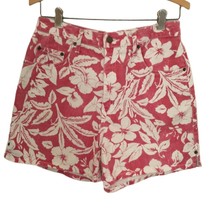 Vintage 80s Denim Mom Shorts Sz 6 Floral High Waist Red White Hawaiian Cotton - £14.79 GBP