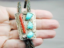 Stunning Vintage Zuni Sterling Coral &amp; Turquoise Bolo Tie - £199.83 GBP