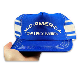Vintage Mid America Dairy Hat Cap Trucker Snapback Side Three Stripes Bl... - $14.84