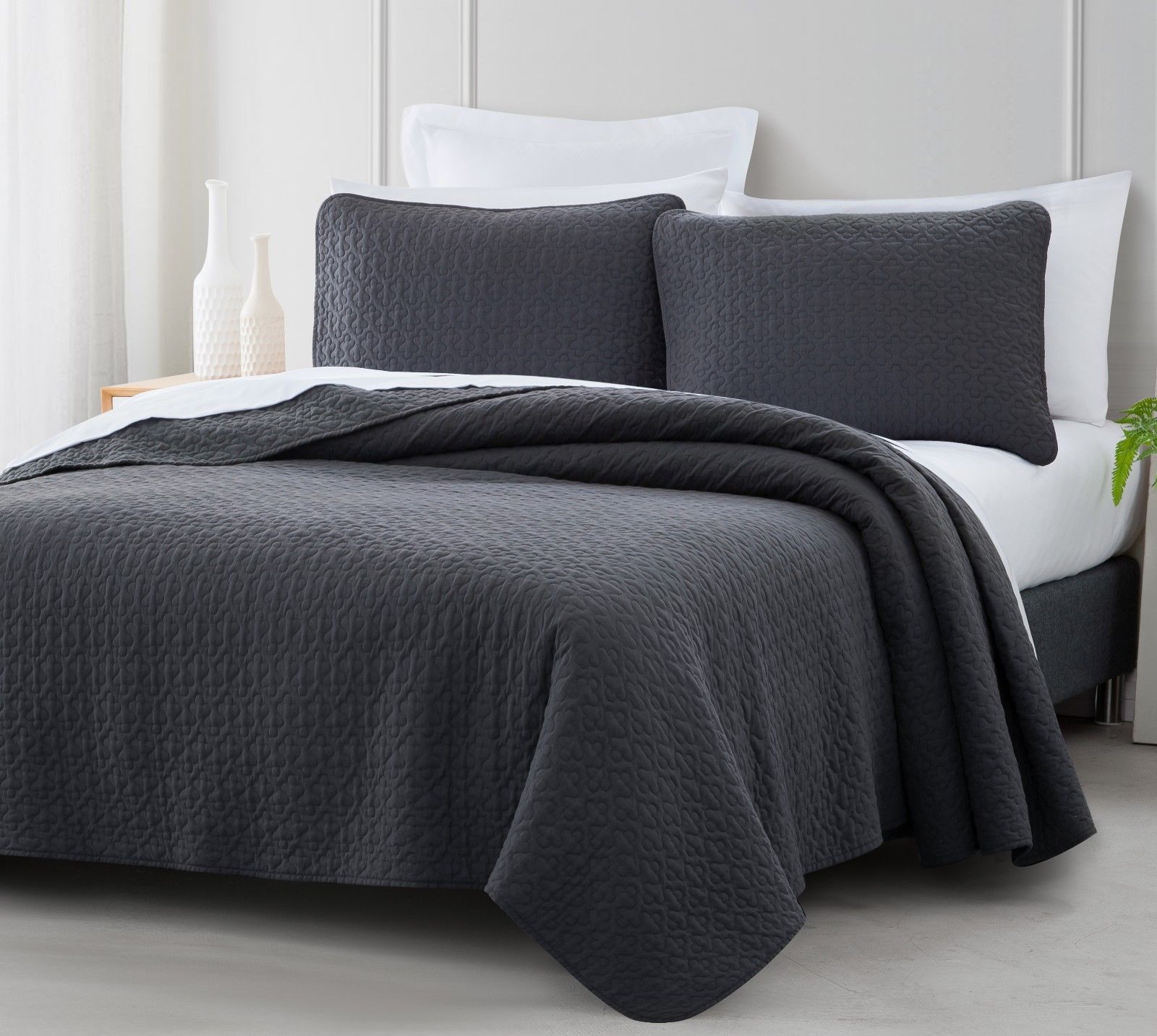 Vega Quilted Bedspread Set Charcoal Grey Stitched pattern 100% Cotton Filling - $46.44 - $52.14